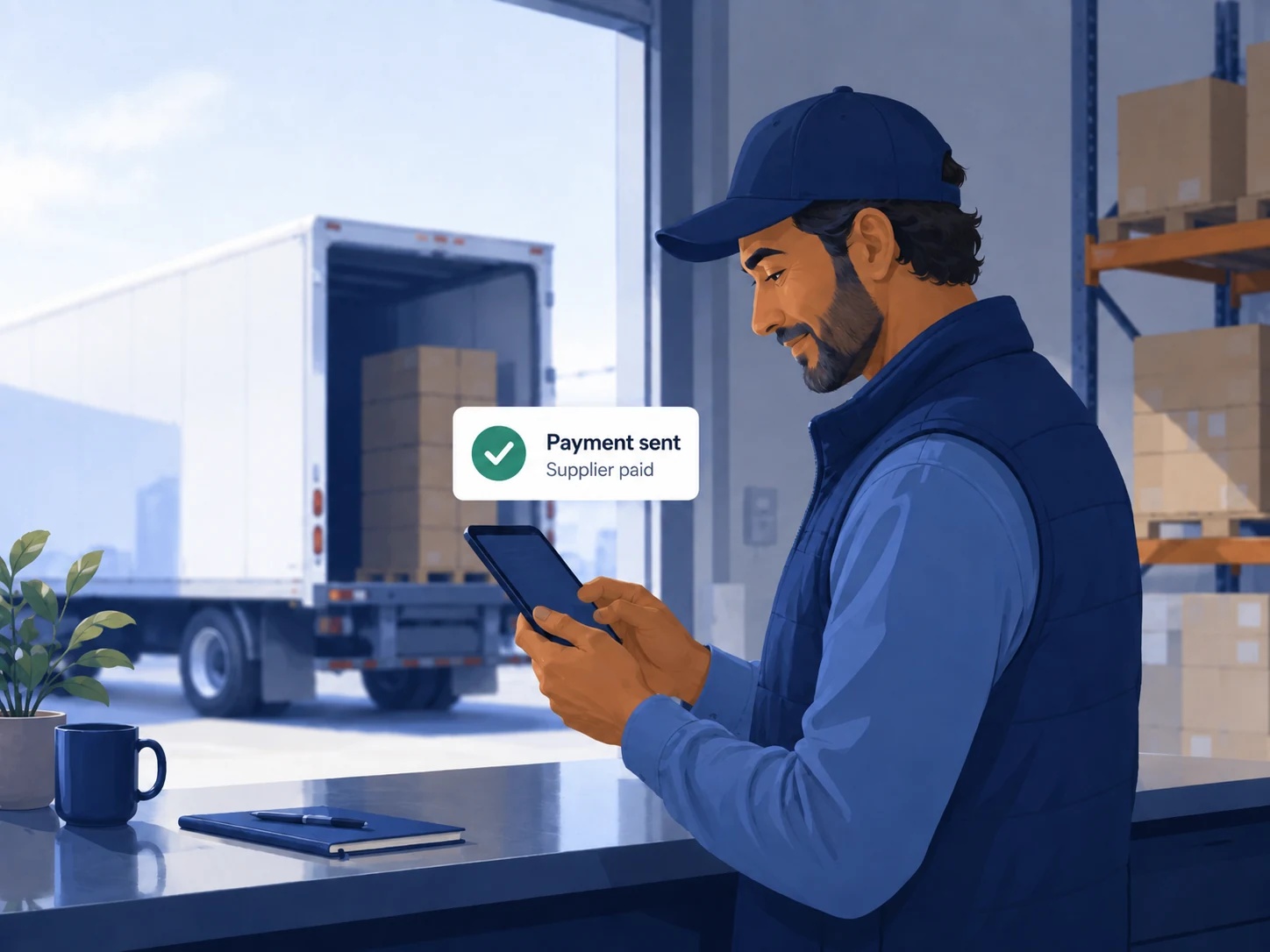 Warehouse worker confirming a supplier payment was sent