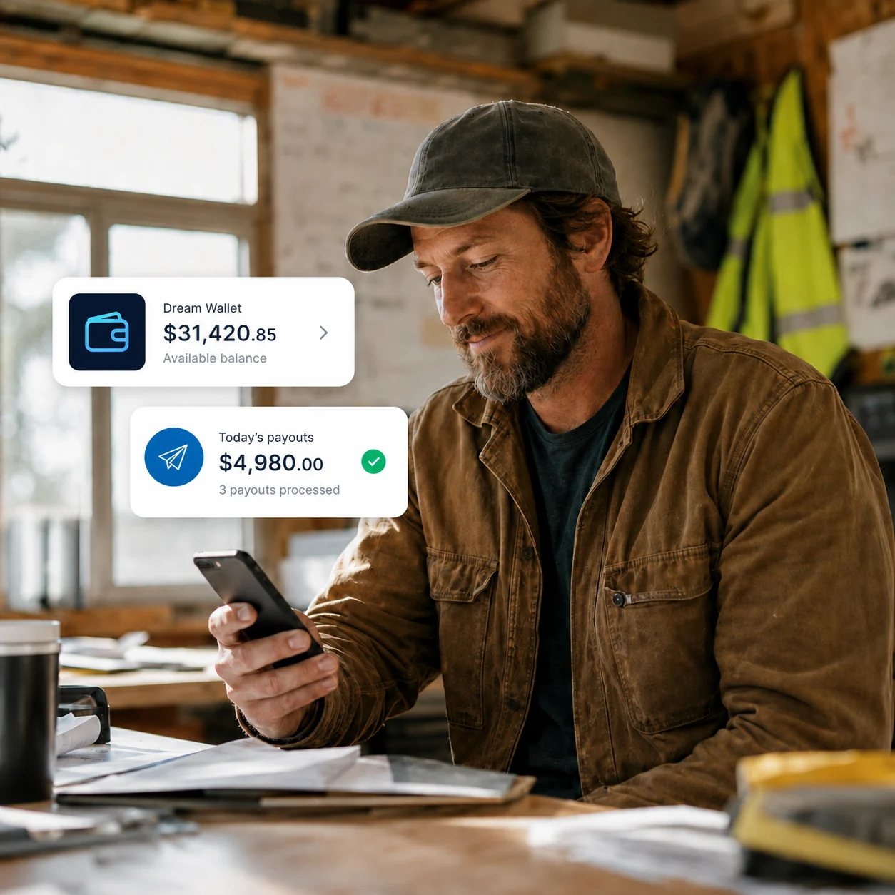 A contractor checking completed payouts on a phone at a job site workshop
