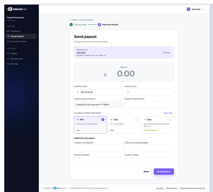 Actual DreamPay payment details screen used to create and send a payout
