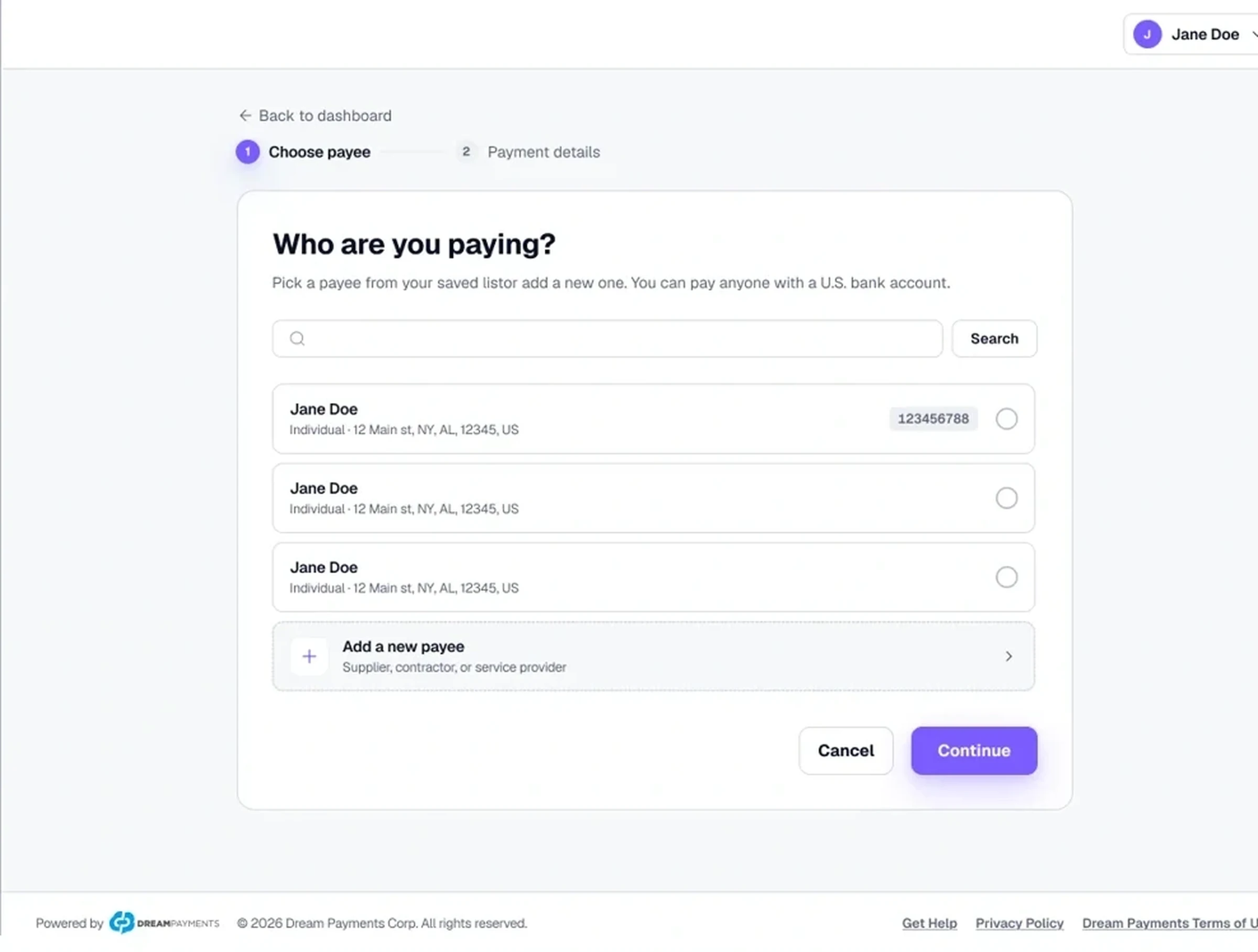 The Dream Payouts send payout screen with amount, dates and allowable payment methods