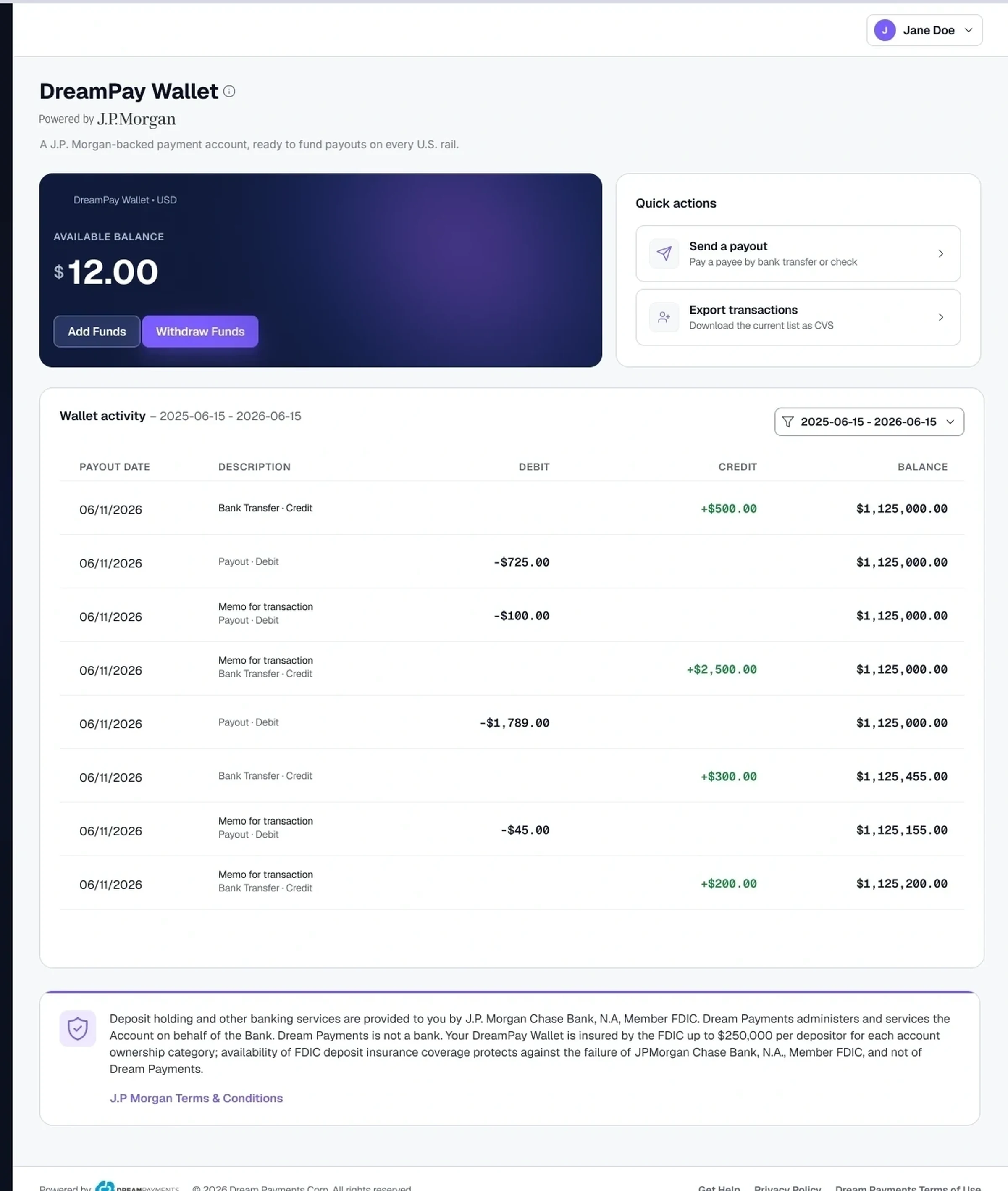 The DreamPay Wallet screen showing available balance, funding actions and account activity